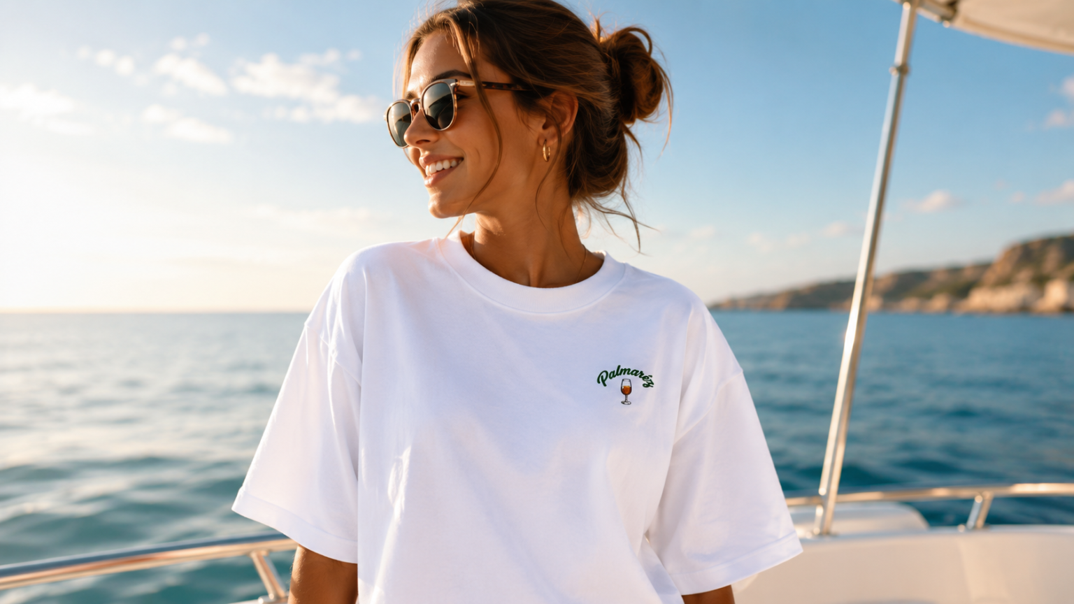 Camiseta Palmar&eacute;z blanca a bordo de un barco frente a la costa