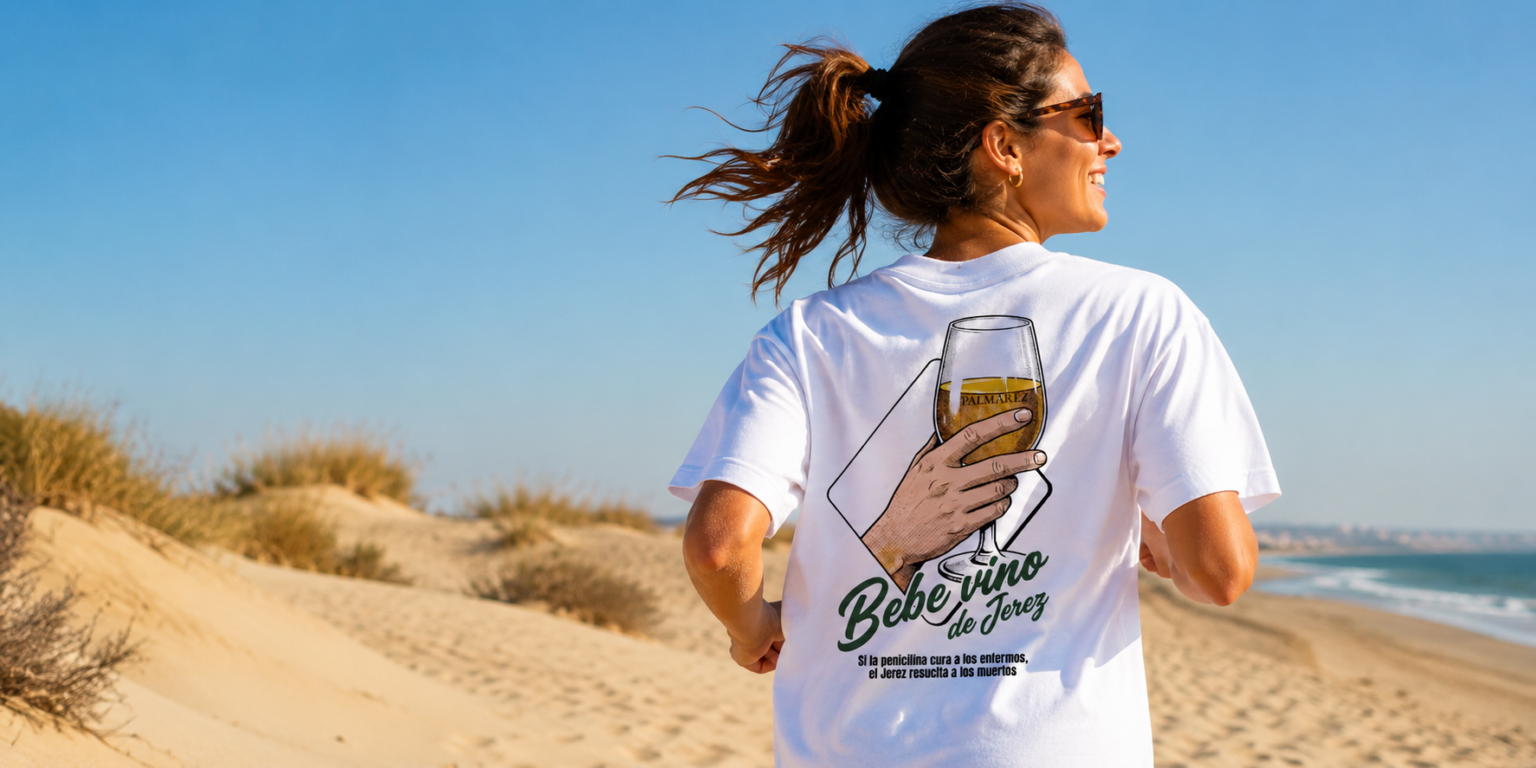 Camiseta Palmar&eacute;z Bebe vino de Jerez en las dunas de la playa